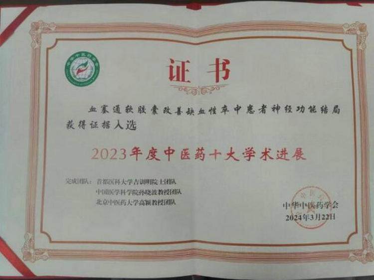 血塞通软胶囊治疗成果入选年度中医药十大学术进展